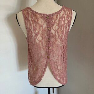 Pink Tank Top Juniors Medium Floral Sleeveless Sheer Lace Back Shirt